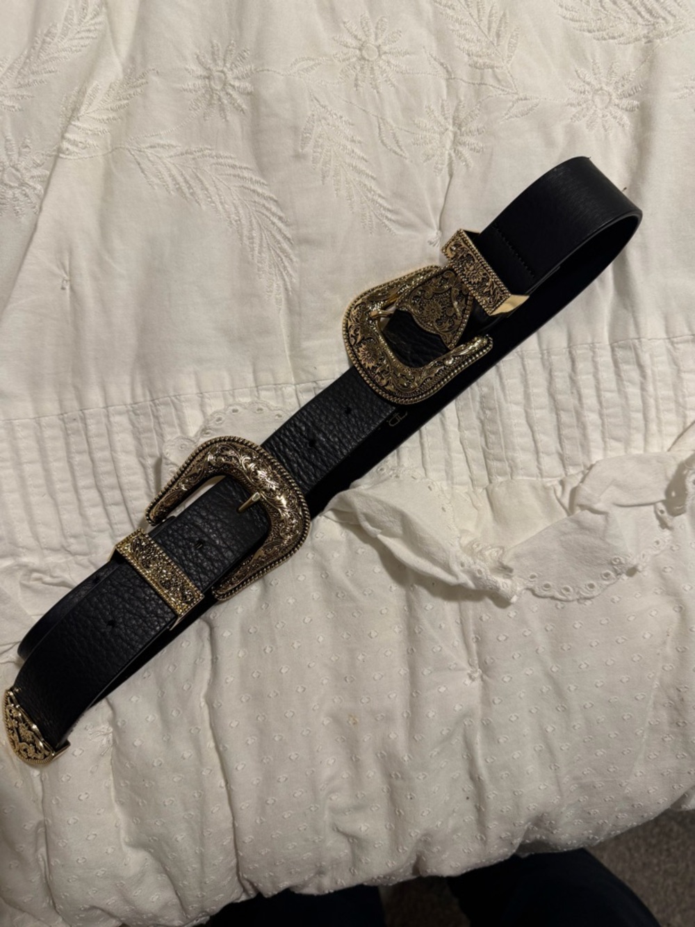B-Low the Belt Black Leather Double Western Buckle Belt with Gold Buckles